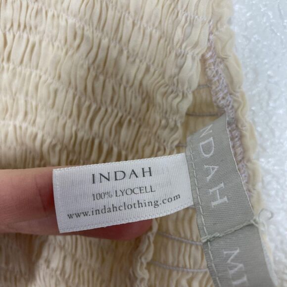 Indah Biru Crop Top Womens M Beige Smocked Sheer Balloon Sleeve Boho - Picture 15 of 16